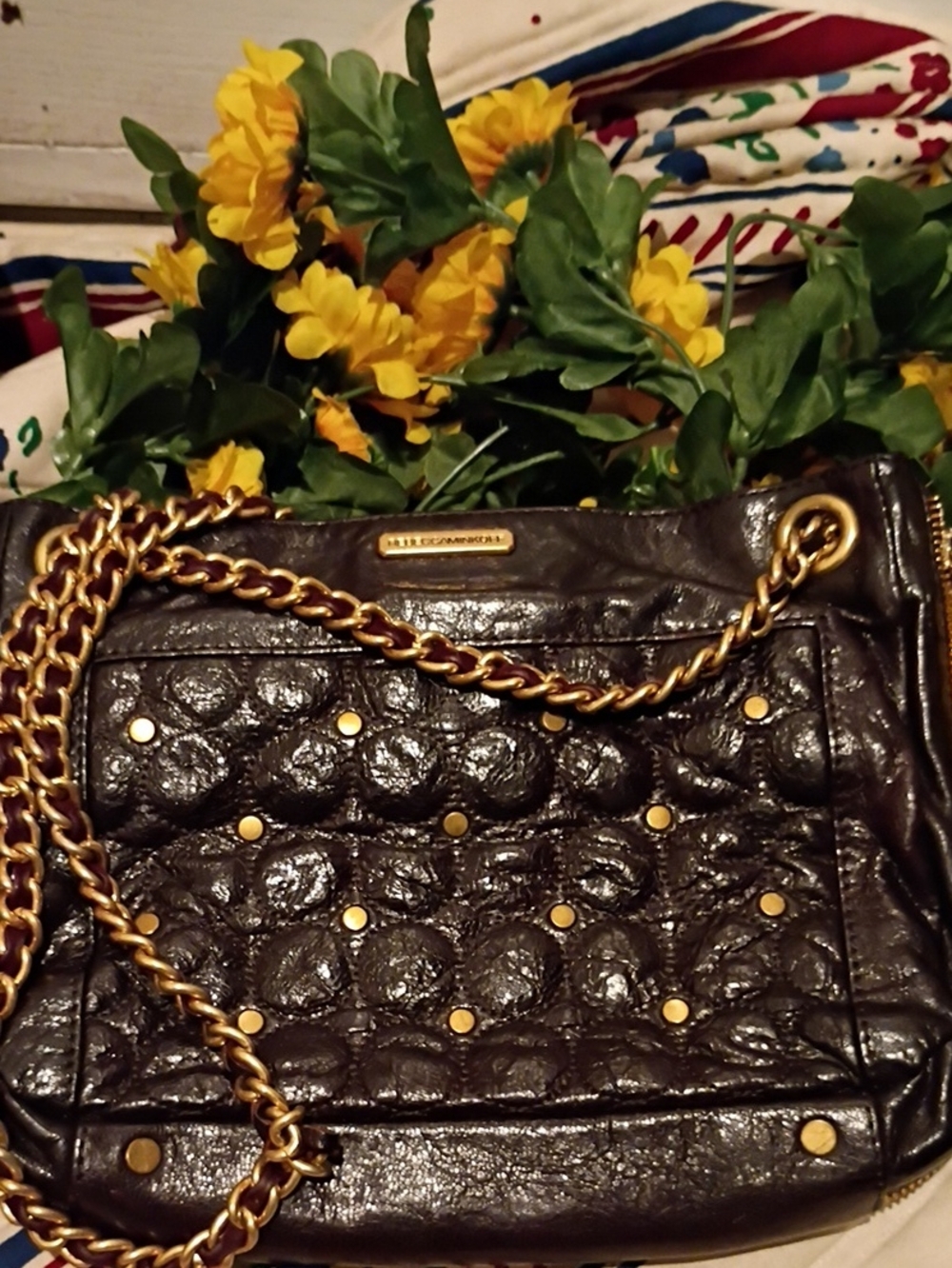 Black Quilted Shoulder Bag with Gold Chain Strap